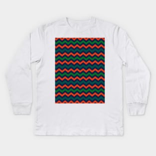 Orange Navy Blue and Green Chevron Zigzag Pattern Kids Long Sleeve T-Shirt